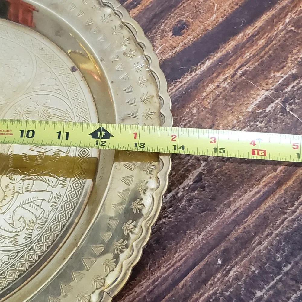 Vintage Brass Wall Hanging Tray 14in Etched Chinese Dragon Elephant Gold Good